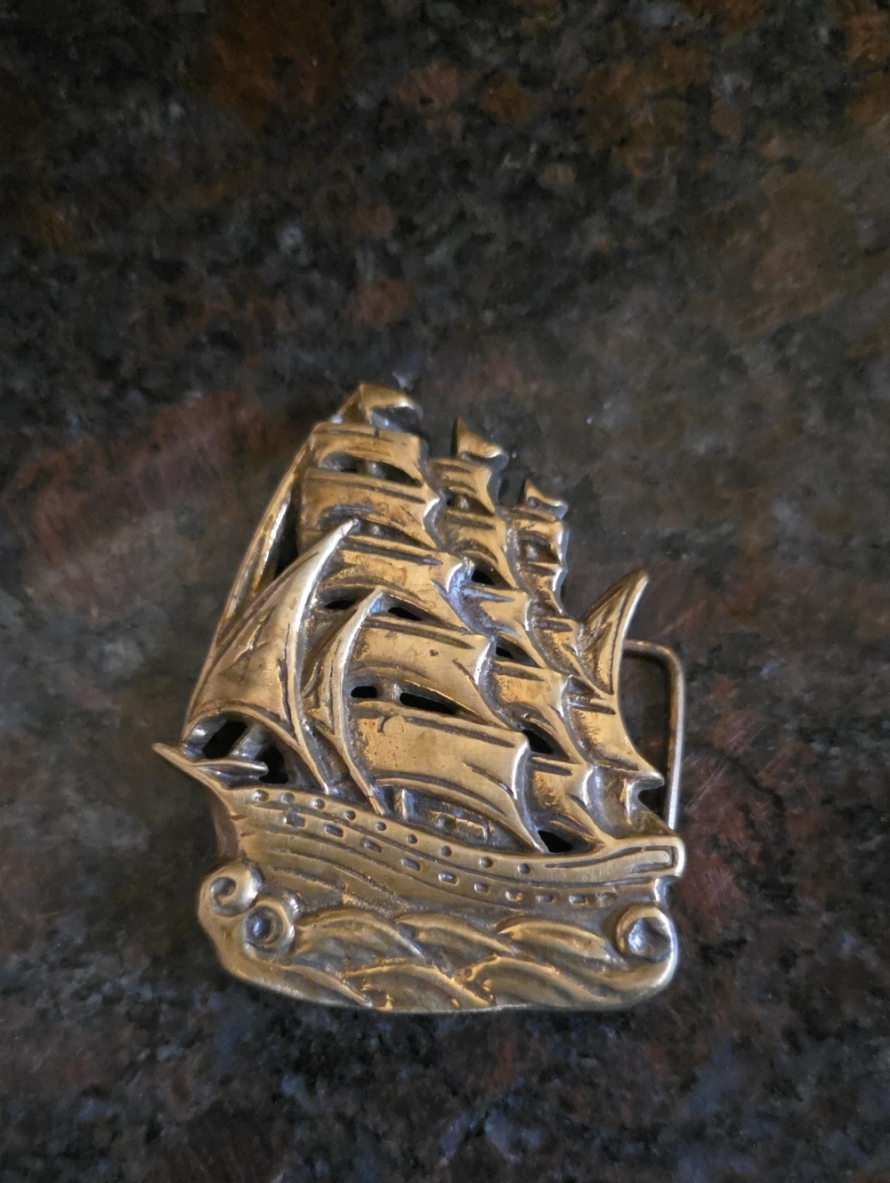 Vintage Sailing Ship Belt Buckle in Aged Gold Tone